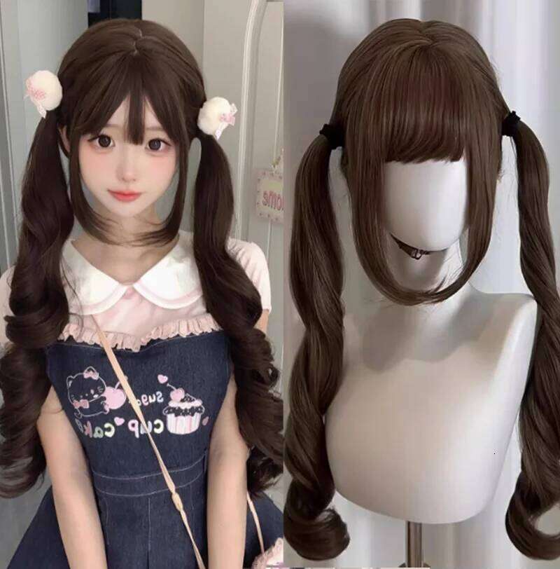 Brown Long Wavy for Women Natural Hair Synthetic Lolita Double Ponytail Roman Curly Wigs Daily Cosplay Heat Resistant