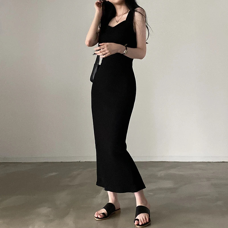 100% Cotton Basic Knit Long Dress Korean Fashion Square Collar Sleeveless Womens Dresses Summer Casual Y2k Vintage Allmatch Outfits 250704