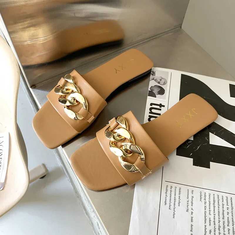 2024 New Fashion Womens Slippers Square Toe Chain Slippers Flat Slide Sandals Beach Flip Flops Metal Decoration Casual Shoes W250704