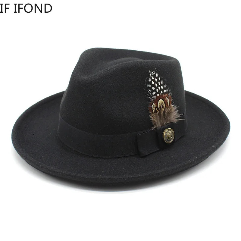 Feather band Wool Felt Fedora Hat Men Curved Brim Panama Party Trilby Cowboy Cap Gentleman Wedding Jazz Hat 250701