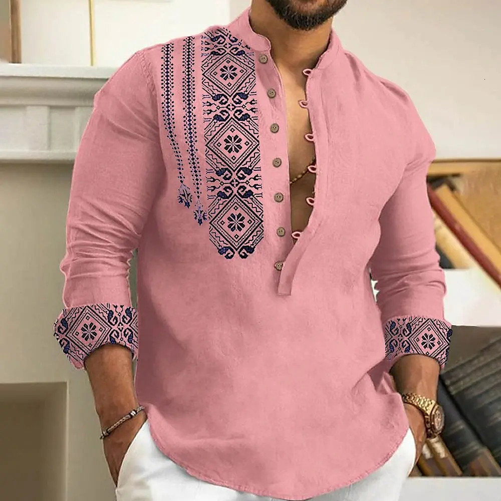 2025 Mens Art Printed Fashion Spring And Summer Long Sleeved Linen Shirt Button Comfortable Fabric Street Trend Roupa Masculina 250704