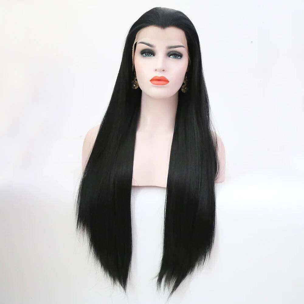AIMEYA Long Straight 13X4 Lace Frontal Free Part Synthetic Hair Wig with Special Hairline For Women Cosplay Black Wigs