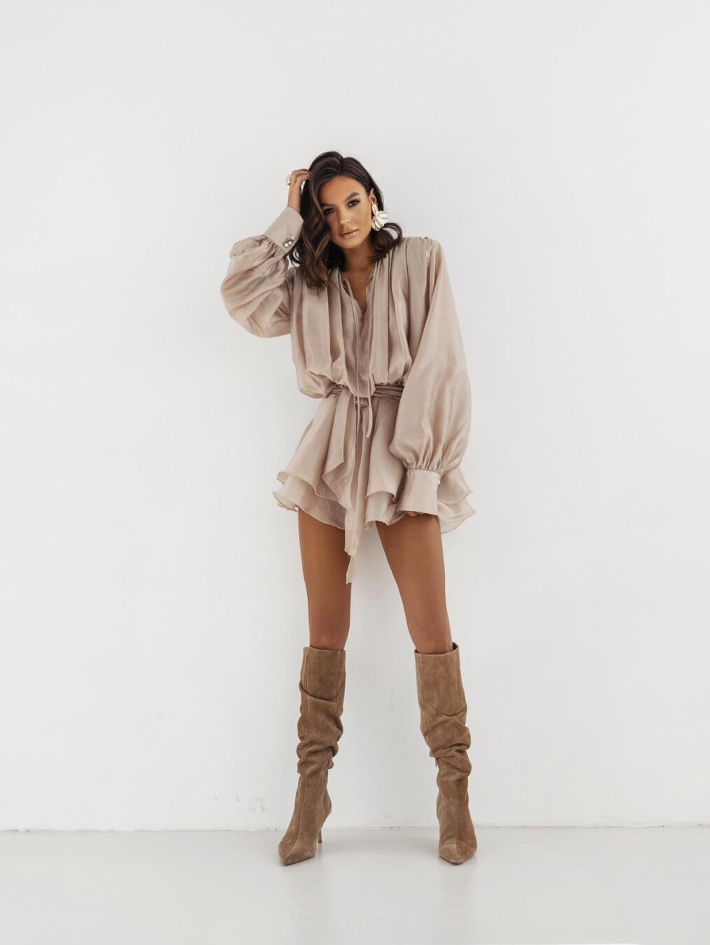 D73Foreign trade women's clothing hot sale pure desire style waist irregular long sleeve hem dress