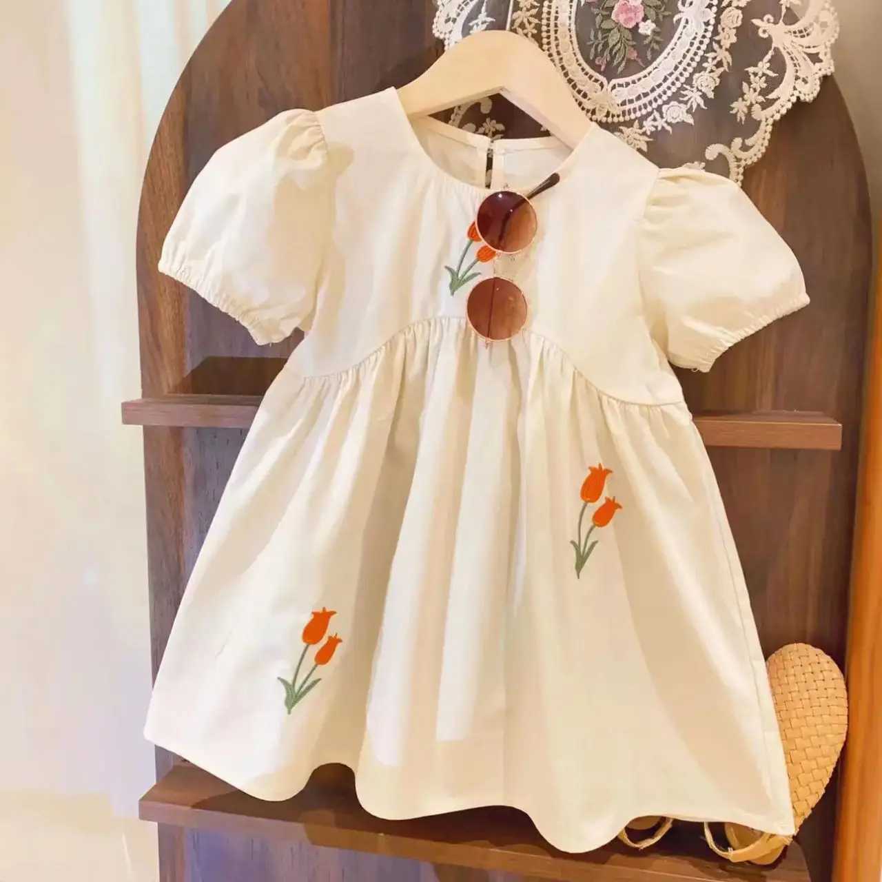 Humor Bear Girls Korean Flower Embroidered Bubble Short Sle Irregar Waist Princess Dress Vestidos Casual Outfit 2-6Y R250704