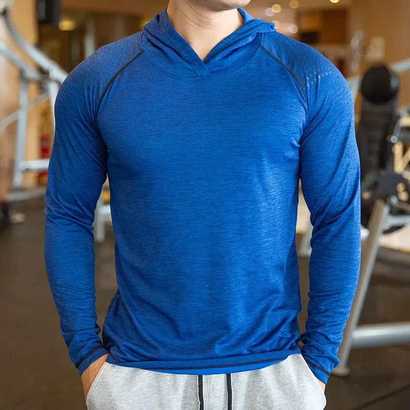 Autumn Gym Men T Shirt Casual Long Sleeve Slim Tops Tees elastic T-shirt Sports Fitness breathable Quick dry Hooded T Shirt 250704
