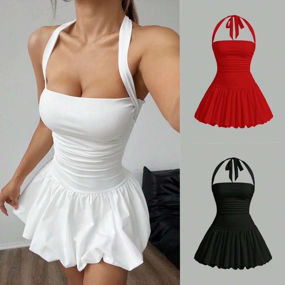 European and American Women's Summer Sexy Street Solid Color Back Tie Strap Sleeveless Halter Birthday Party Dress 2025 New Casual Versatile Fash