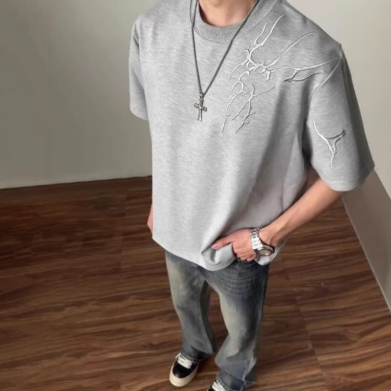 Thorn Embroidery Designer Short Sleeves Short Sleeve Men's Summer American High Street OOTD Half Sleeve Cleanfit Heavyweight Regular Shoulder T-s
