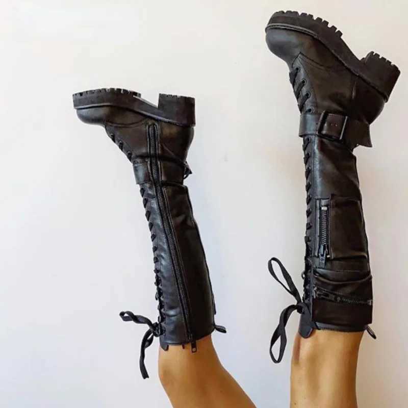 Knee High Boots Women Cool Goth Zipper Design Pocket Lace Up Chunky Heel High Quality Shoes Woman Fashion Popualr Big Size 35-43 Z250704