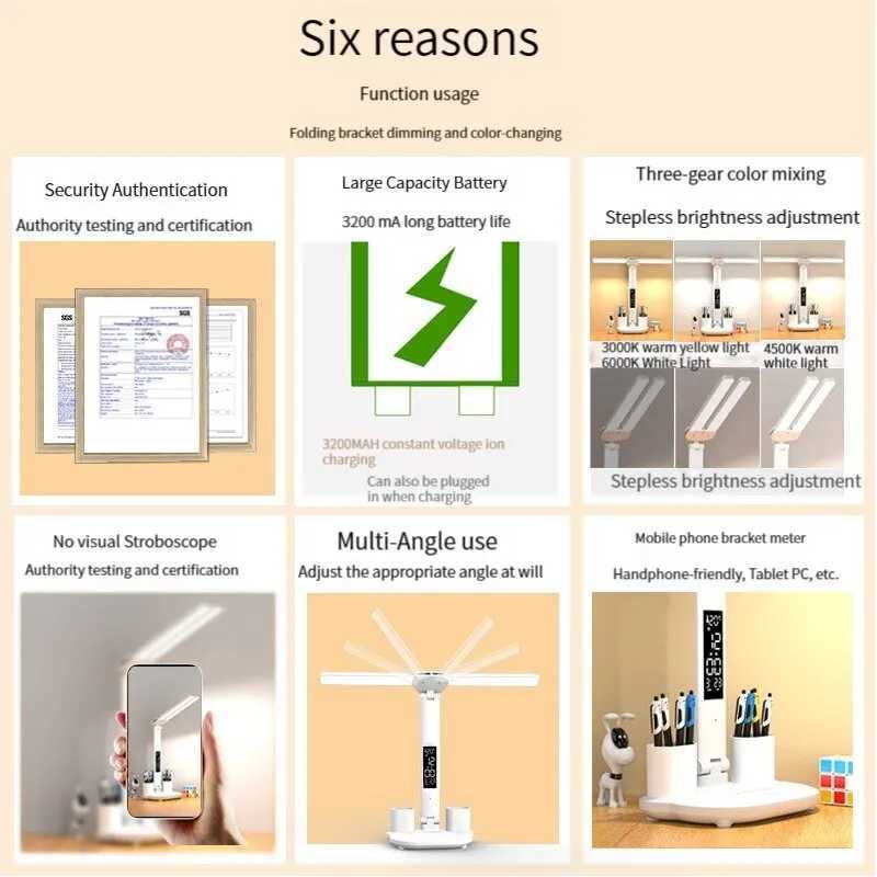 LED Clock Desk Lamp USB Rechargeable/Plug-in Dimmable Desk Lamp 2 Heads 180 Rotatable Foldable Eye Protection Reading Night Light XJ250703