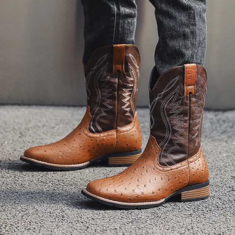 Mens Classic Western Cowboy Boots Embossed Leather Mens Fashion Embroidery Mid-Calf Boot High top Casual Shoes for Men Z250704