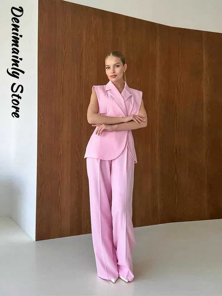 Elegant Shoulder Pads Waistcoat Pants Set Women Lapel Two Buttons Slveless Blazer Wide Leg Pants 2025 Summer Lady Office Suit X250704