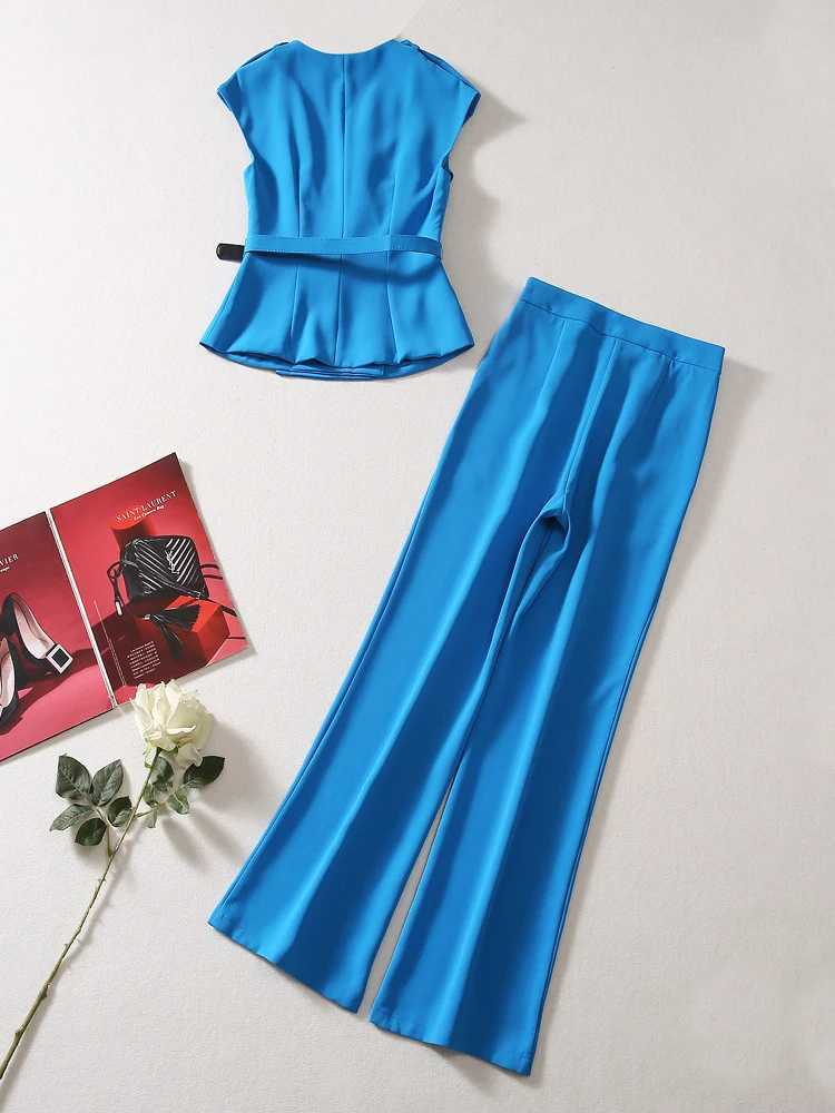 ZJYT Runway 2025 Fashion Summer V Neck Top Pant Sets Two Pieces Womens Outfit Elegant Conjuntos Femininos Trousers Suit Blue X250704