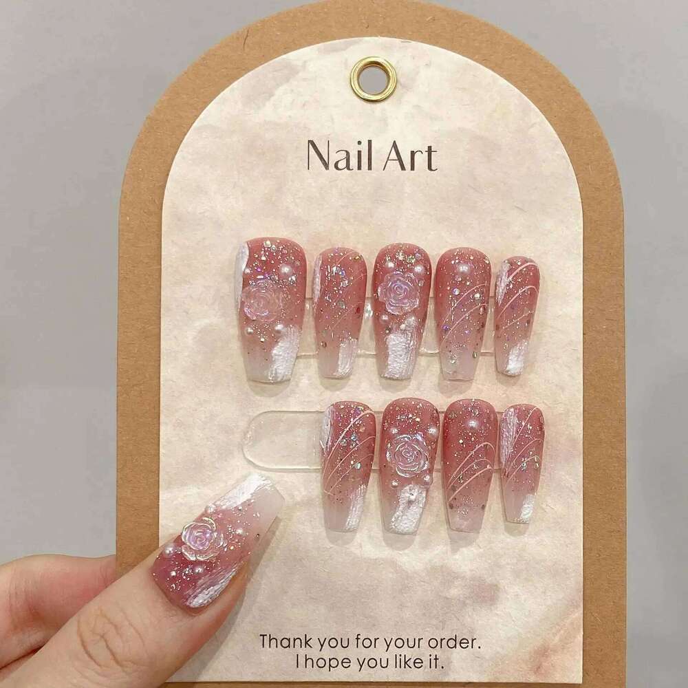 10Pcs Handmade Press on Long Ballet Blue Fake with 3D Ocean Moon Rhinestone Design False Nails Full Cover Nail Tips X250704
