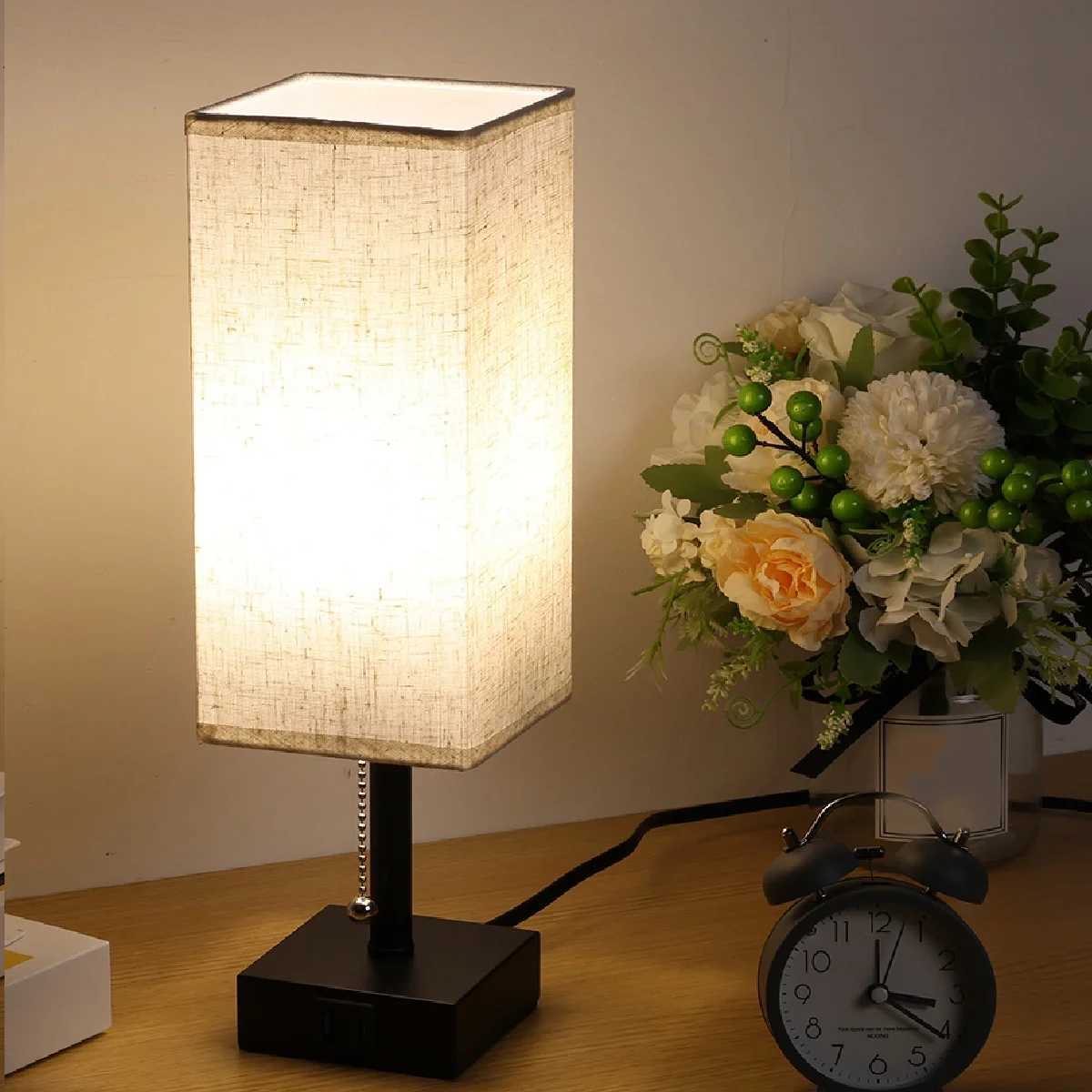 Bedside Lamp Night Lights USB Retro Nightstand Table Lamp Dimmable For Bedroom Wooden Desk Lamp with Fabric Shades Home DecorXJ250703