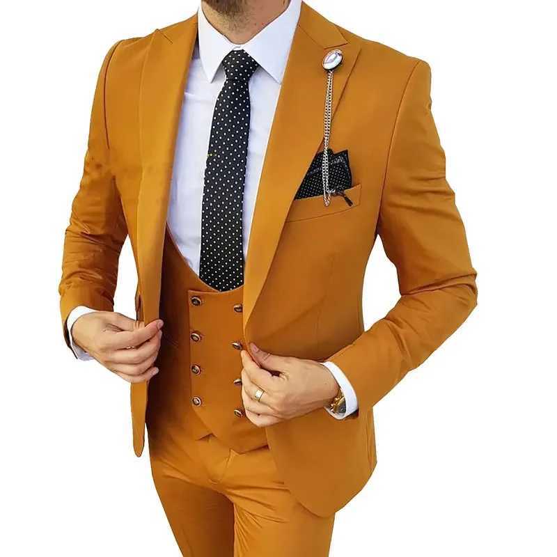 Men Suits 3 Pieces Orange Solid Single One Button Business Slim Fitting Suitable for Wedding Banquet Set Jacket Vest Pants X250704