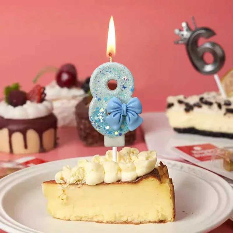 Birthday Number Candle 0 1 2 3 4 5 6 7 8 9 Blue Bow Cake Candle Decoration Party Cake Topper Decor Anniversary Decor W250704