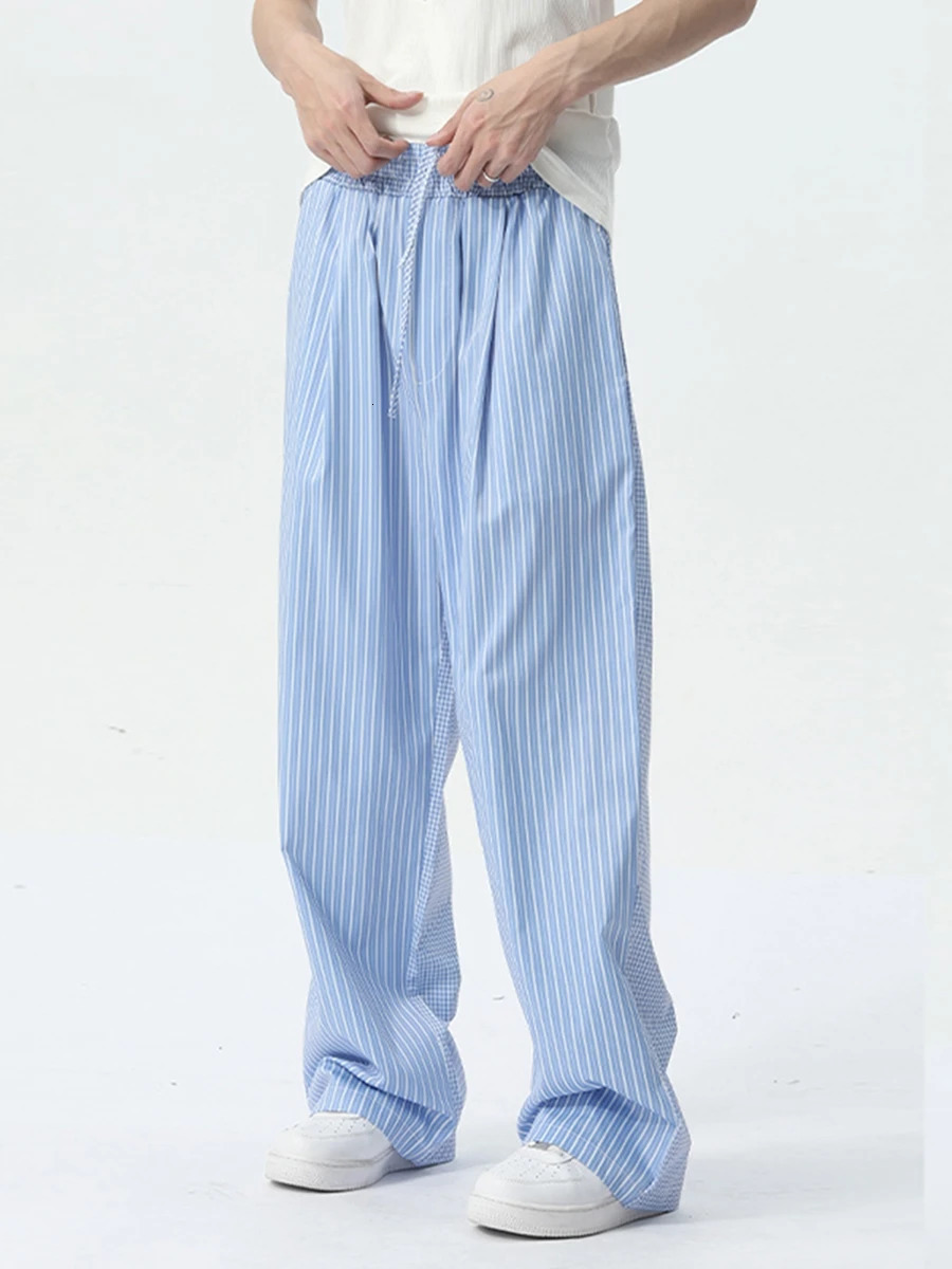 Men Striped Pants Elastic Waist Drawstring Casual Pants Loose Trousers for Daily Street 250704