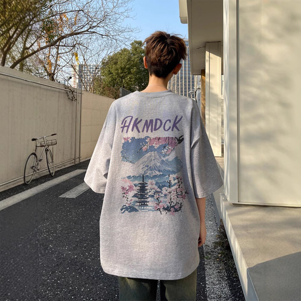 Mount Fuji Print Round Neck Short Sleeve T-Shirt for Men Designer short sleeves 2025 Summer Thin American High Street Fashion Brand Five-Sleeve Couple