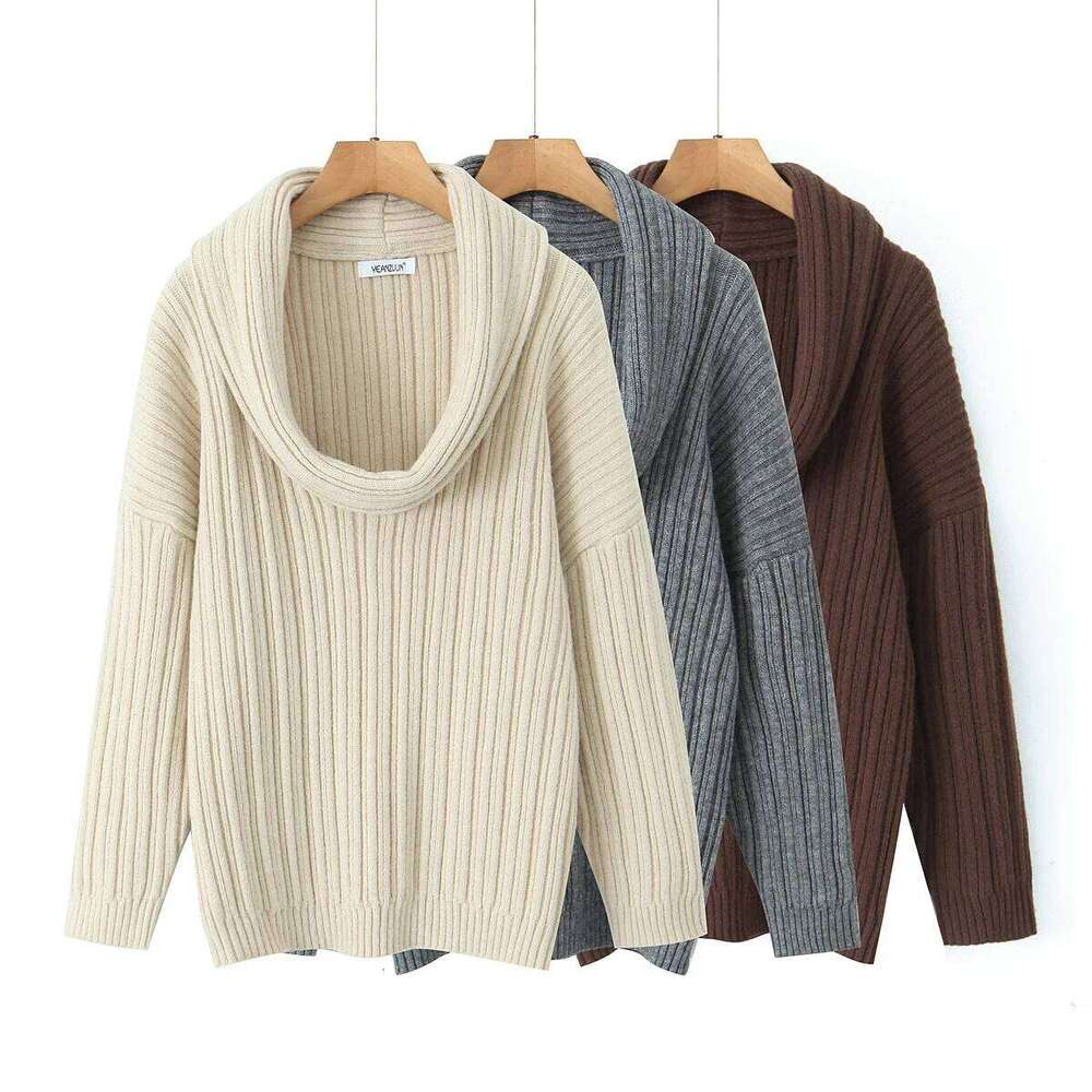 Winter Coffee Rib Knitting Ruched Slash Shoulder Pullover Sweater Women Full Sleeve Loose Thick Knitwear Oversized Jumper Beige 250704