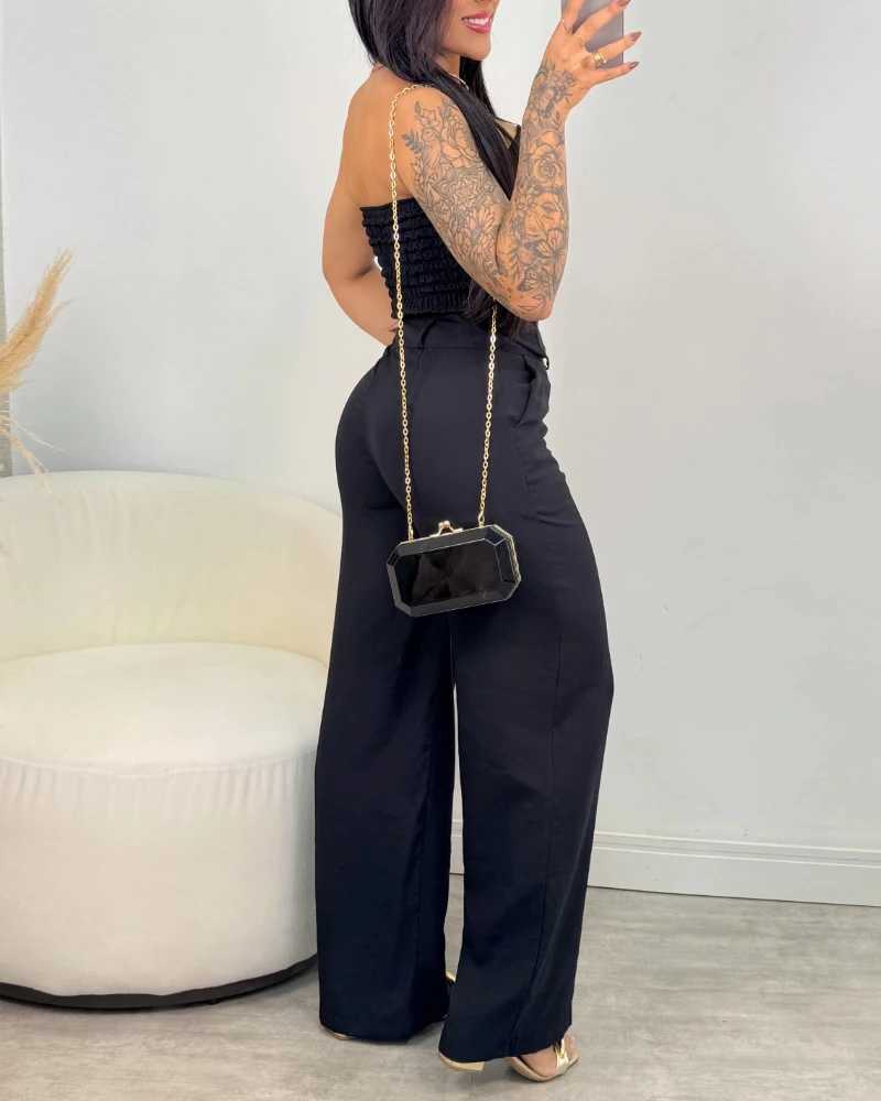 Summer Solid Color 2-Piece Strapless Single Breasted Decorative Vest Top and Casual Wide Leg Pants Set for Womens Elegance X250704