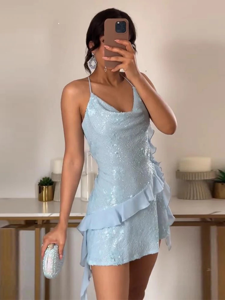 Sexy Sequined Ruffles Short Dress Women Fashion Sleeveless Backless Party Club Banquet Dresses Female Summer Lady Y2K Dresses 250704