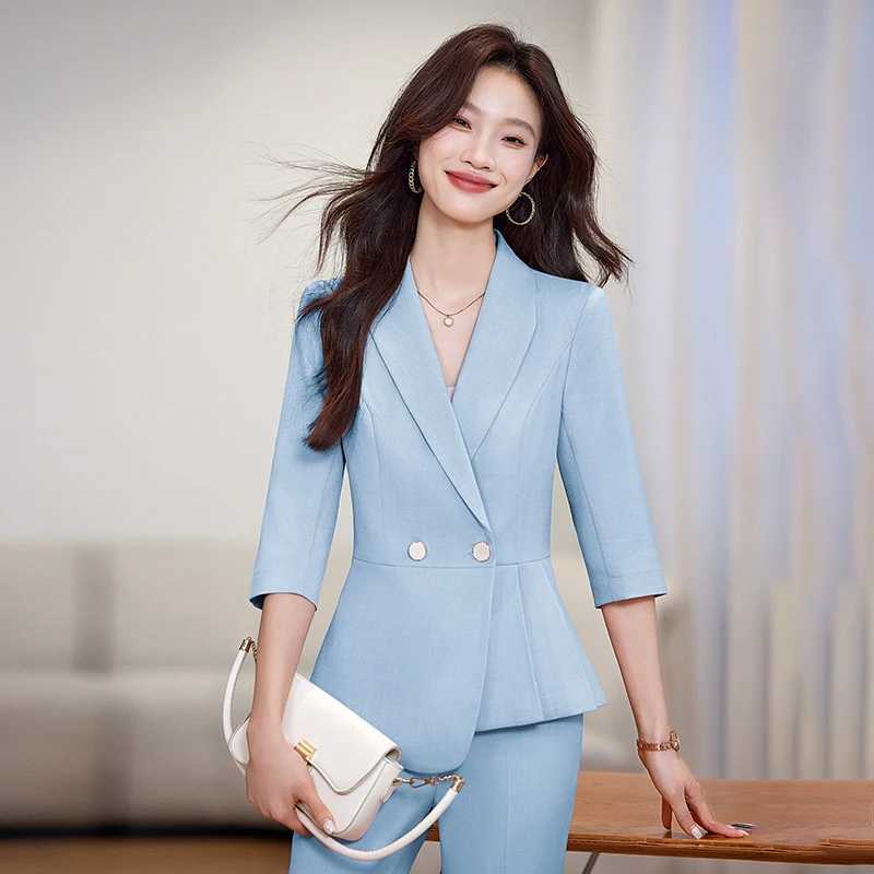 ZJYT Fashion Spring Ladies Pant Suit Women Office Formal Thr Quarter Slve Blazer Trousers Set Two Piece Outfit Plus Size X250704