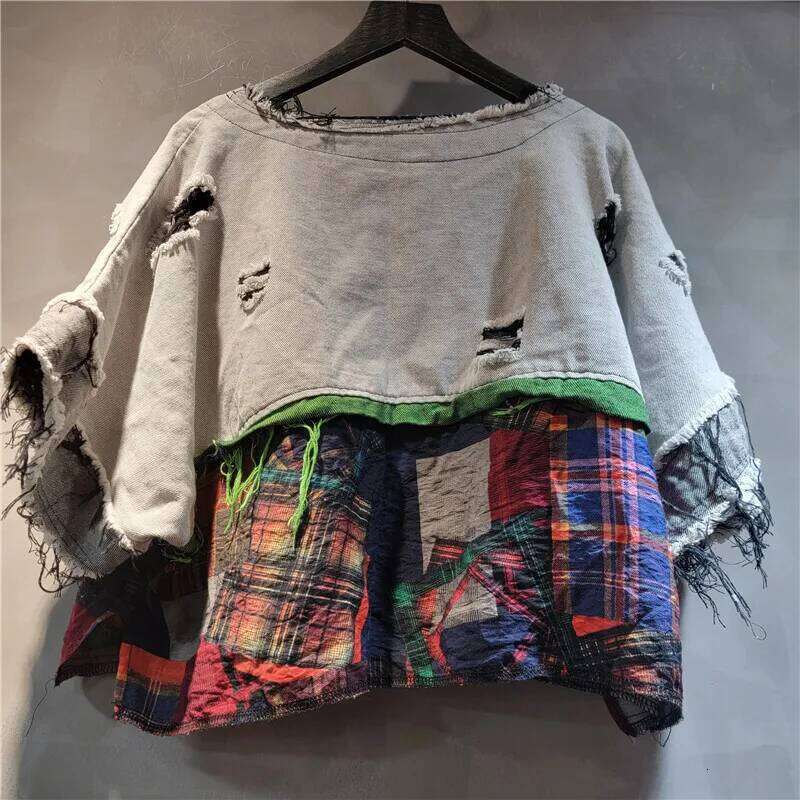 Trendy Vintage Women Contrast Color Patchwork Hole Short Sleeve T-shirt Elastic Waist Pants Female Summer