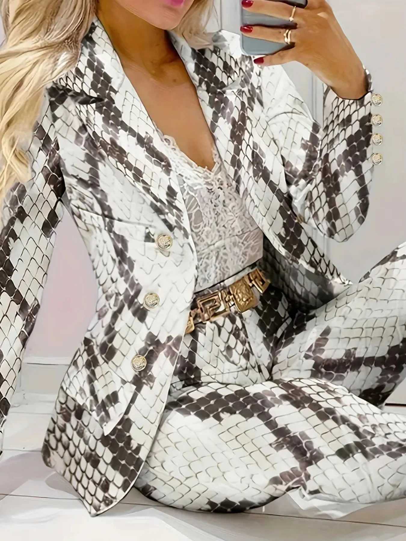 Womens Gradient Color and Snake Print Business Casual Two-Piece Suit Set Double Breasted Long Slved Lapel Suit Jacket and Hi X250704