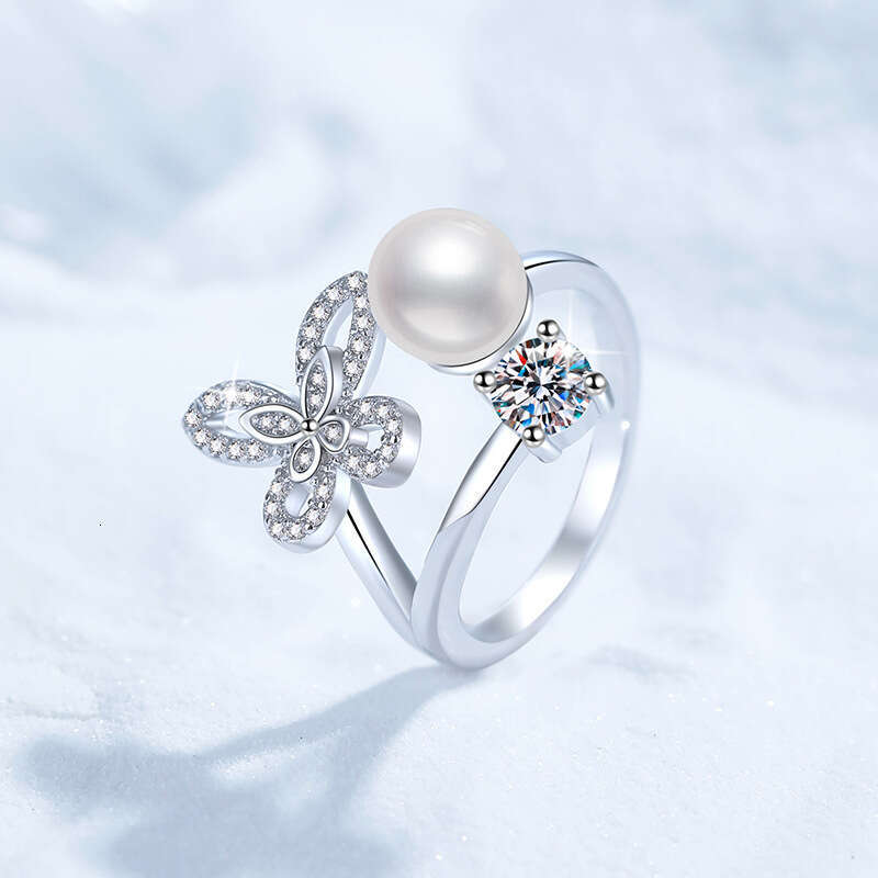 S925 Pure S925ilver MoiS925S925anite for Women Natural FreS925hwater Pearl Butterfly High-end Luxury AdjuS925table Ring 11e