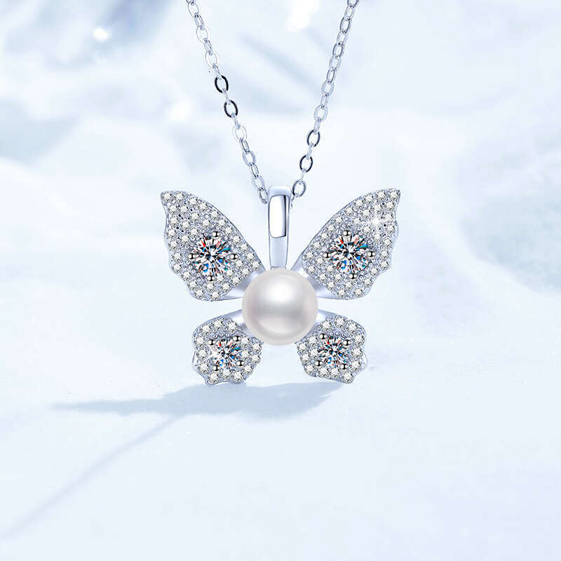 S925 Pure S925ier MoiS925S925anite Necklace Natural FreS925hwater Pearl High-end Butterfly Pendant 861