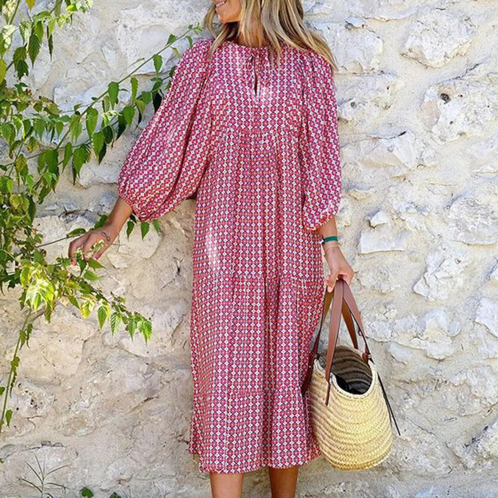 Puff Sleeve Boho Maxi Dress Elegant Women Summer Casual Floral Drawstring V-Neck Loose Holiday Beach Dresses Party Vestidos 250704