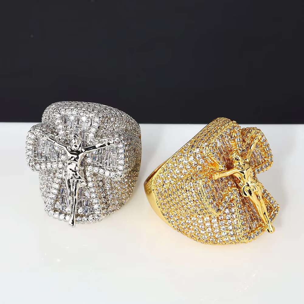Jewelry Hip Hop Iced Out Diamond Ring for Men Women Bling Moissanite Stone White Gold Plated Jesus Cross Ring Trendy Jewelry