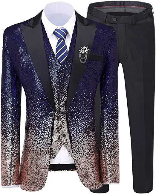 Mens Suit 3 Pieces Sequin Color Shiny Sequin Suit Peak Notch Lapel for Wedding/Party Groom Banquet Nightclub (Blazer+Vest+Pant) X250704