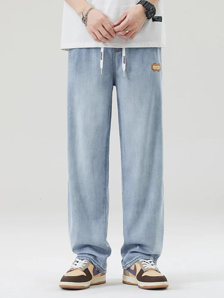 Lyocell Loose Casual Jeans for Men Summer Thin Straightleg Stretchy Wideleg Stylish Denim Trousers With Elastic Waist Male 250704