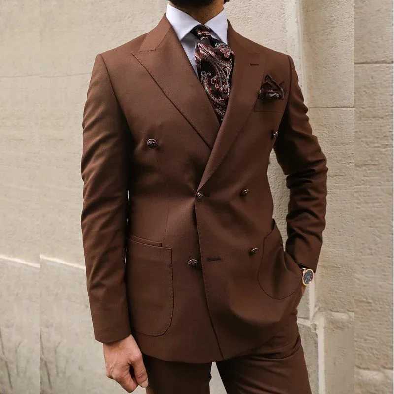 Formal Men Suits Double Breasted Brown Peaked Lapel Men Slim Fit Casual Jacket Pants Two Piece Luxury Wedding Suits X250704