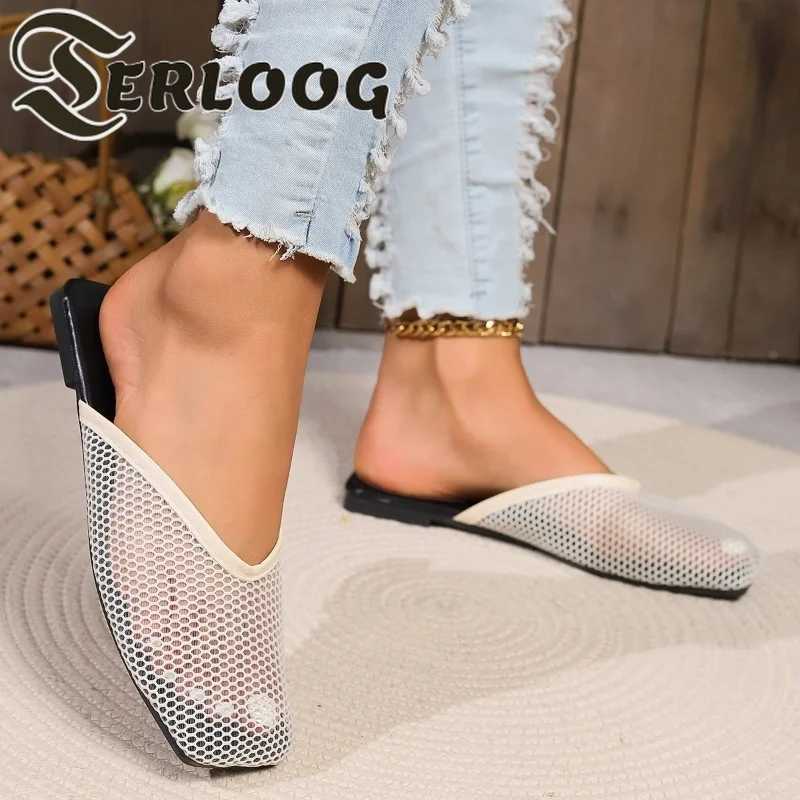 2025 Summer Flats Mules Women Slippers Mesh Sandals New Square Toe Slingback Shoes Fashion Beach Walking Flip Flops Women Slides W250704