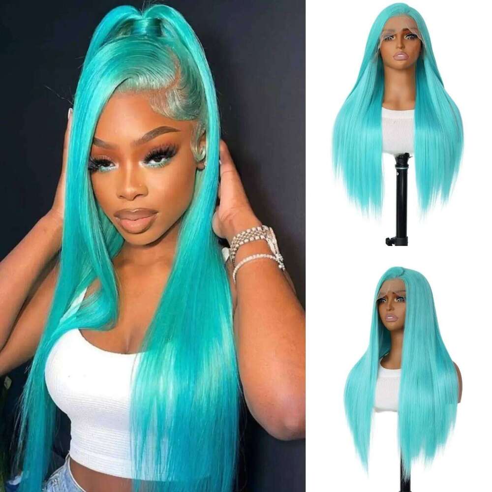 Blue Color Synthetic Wigs for Fashion Women 24 Inch Long Silky Straight Hair Mint Green Wig 13x4 HD Lace Front W