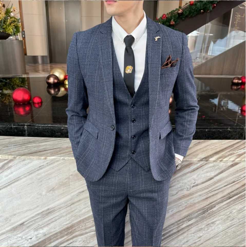 British Korean Style High Quality Modified Plaid Three-Piece Suit for Men - Stylish Business Casual Suit Vest And Trousers Set X250704
