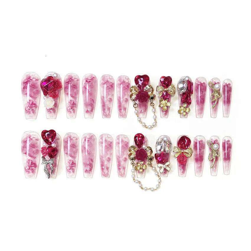 24pcs Heavy Metal Red Crystal Design False Nails 3D Gold Bow Pearl Decor Bride Fake Nail tips Full Cover Dia Press on nails X250704