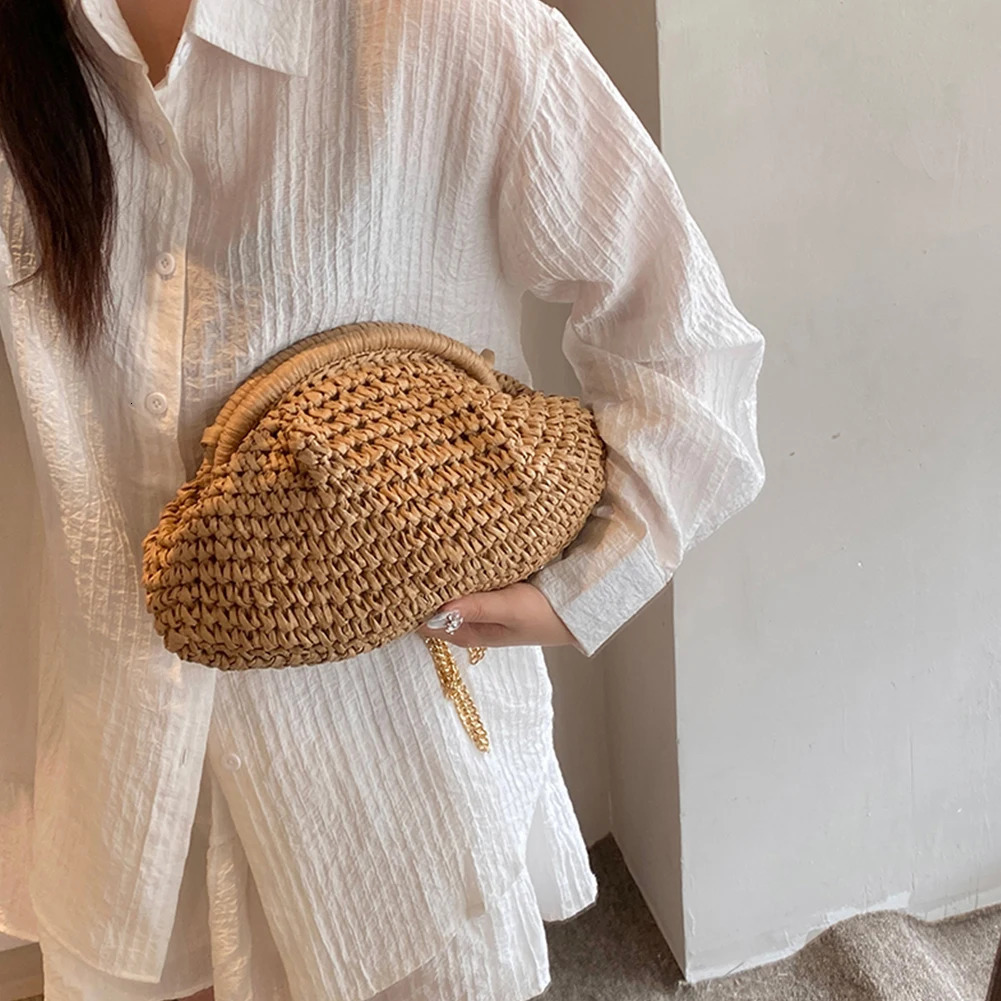 Women Straw Woven Bag Chain Strap Straw Clutch Purse Large Capacity Stylish Crossbody Bag Solid Color for Summer Beach 250701