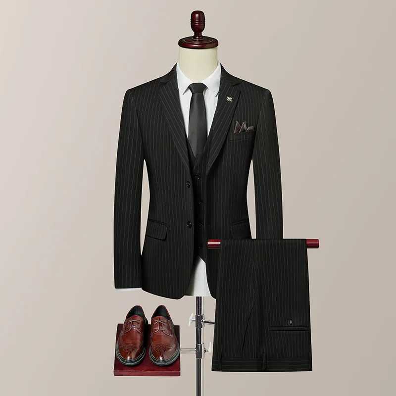 2025 High quality business casual suit (suit + vest + trousers) Fashion British style stripes handsome trend three-piece set X250704