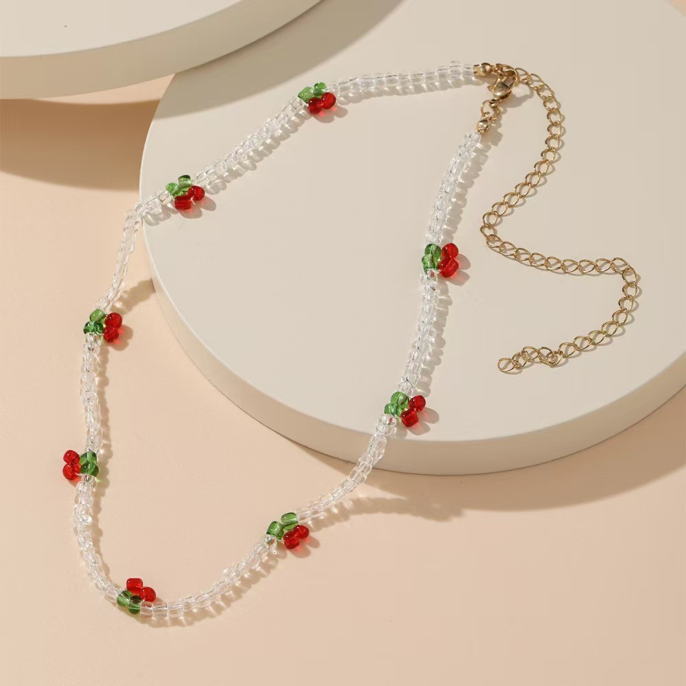 Colorful Handmade Beaded Cherry Rice Bead Necklace for Women