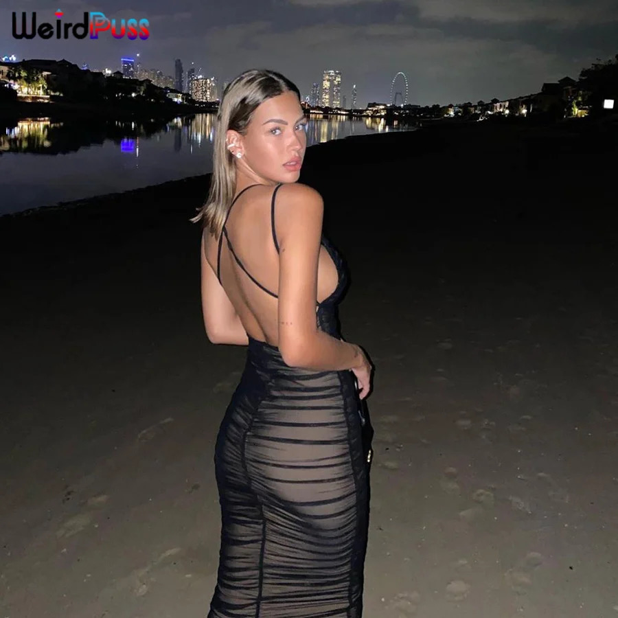 Weird Puss Summer Women Sundress Deep VNeck Double Layer Backless Party Dress Beach Style Prom Trend Elegant Vacation Outfits 250704
