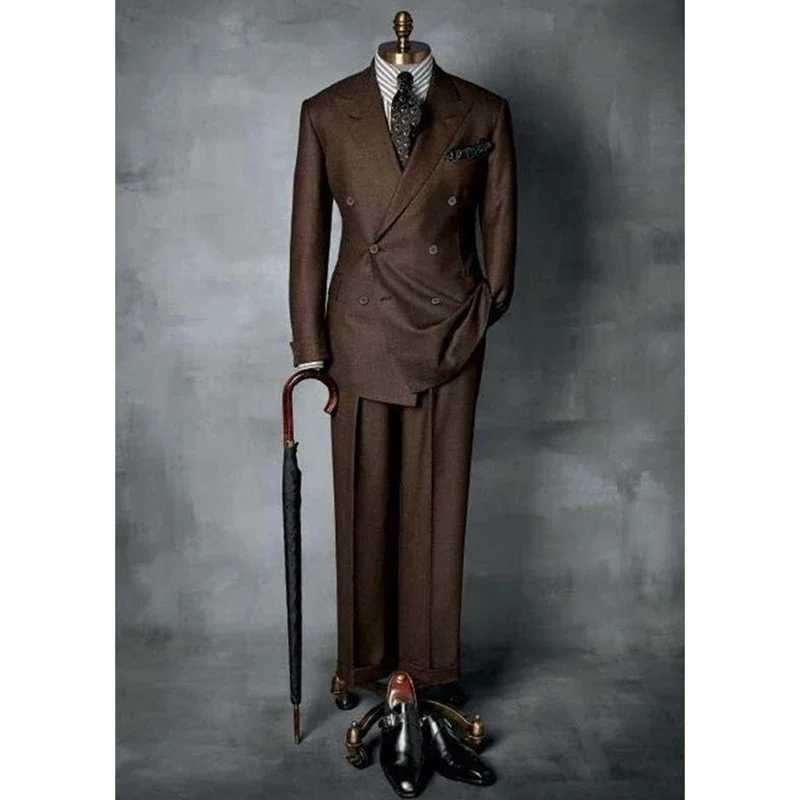 Brown Double Breasted Men Suit Gentlemen Peak Lapel Business Smart Casual 2 Piece Jacket Pants Male Clothing High Quality Blazer X250704