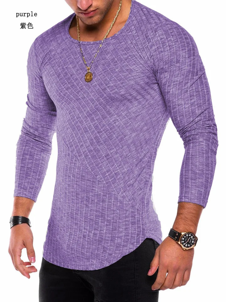 Mens Knitted Thin Base Sweater with Curved Hem Round Neck Tight Fit Elastic Long Sleeved T-shirt Thin Sweater 250704