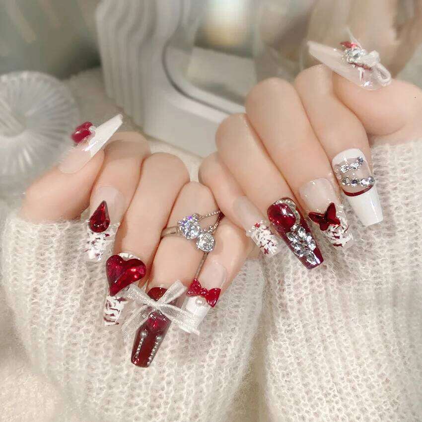 24Pcs Lace Bow Press-on Valentine's Day Dia Pearl Red Heart False Nails New Al Wear Nail for Women and Girls X250704