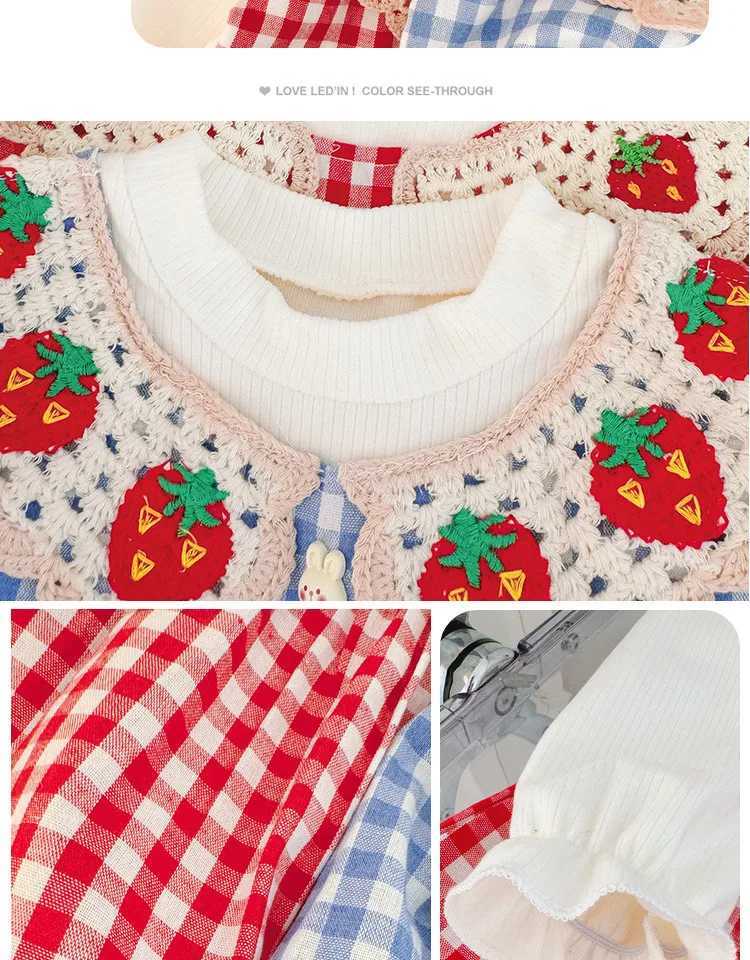 Girls Red Plaid Dress Cute Strberry Collar Long Sle Princess Autumn Spring Children Clothes Birthday Par Dresses R250704