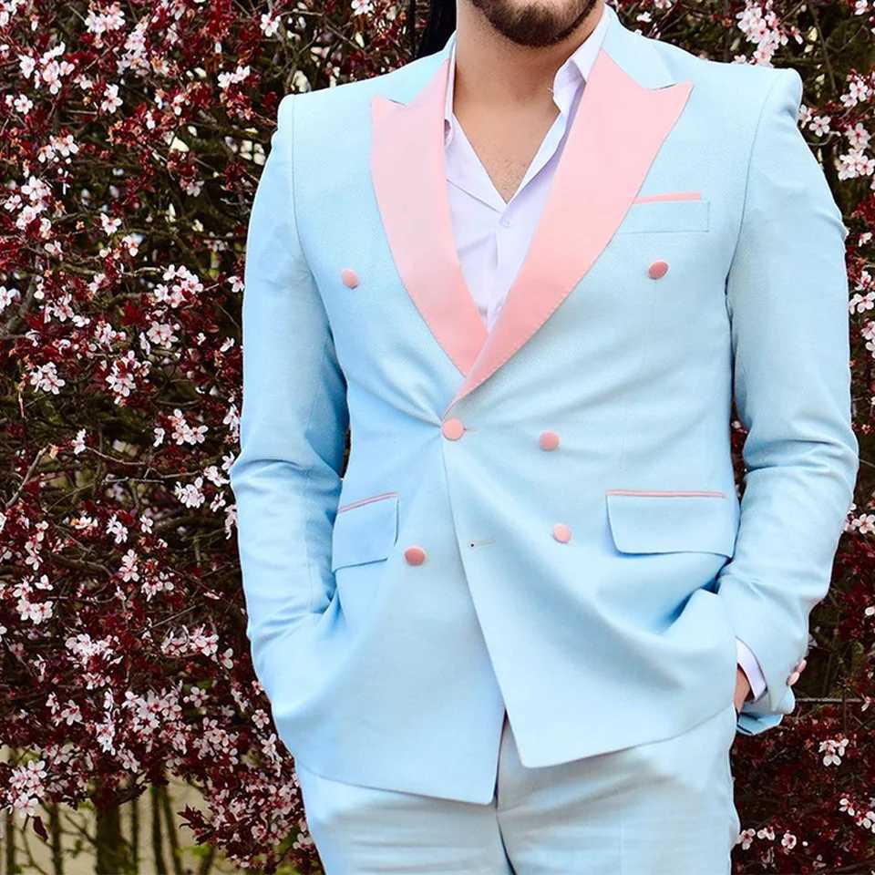 2-piece Mens Suit Pink Peak Lapel Double-breasted Tuxedo Sky Blue Fashionable Summer Wedding Party Graduation Dress Handmade X250704
