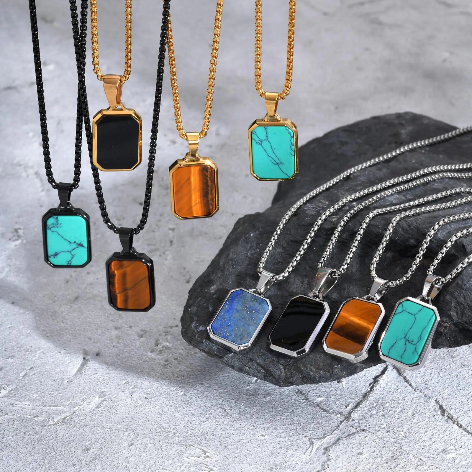 Trendy Pendant Necklaces for Men BoysSquare Natural Stone Stainless Steel Necklaces Hip Hop Cool Jewelry Gifts 250701