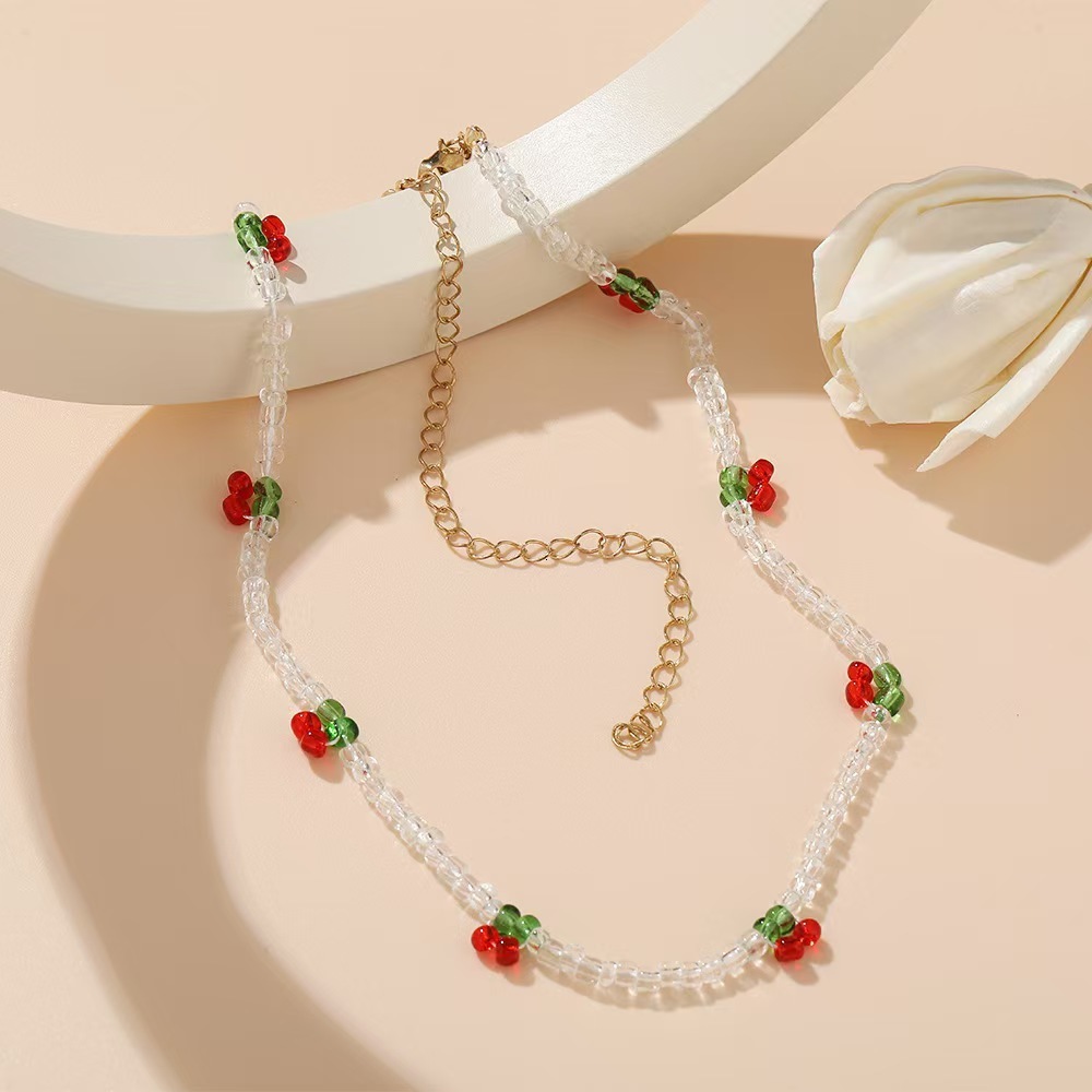 Colorful Handmade Beaded Cherry Rice Bead Necklace for Women